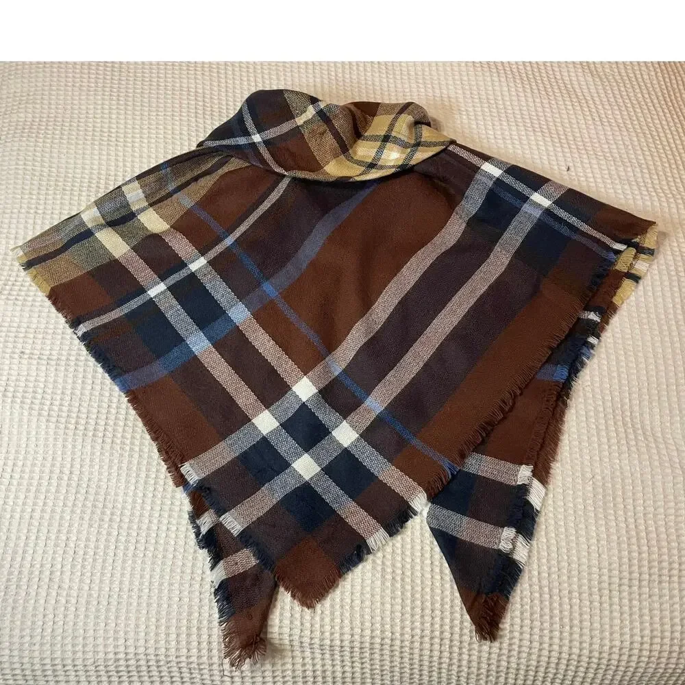 Plaid Cozy Brown & Blue Frog Loop Open Front Poncho Shawl One Size